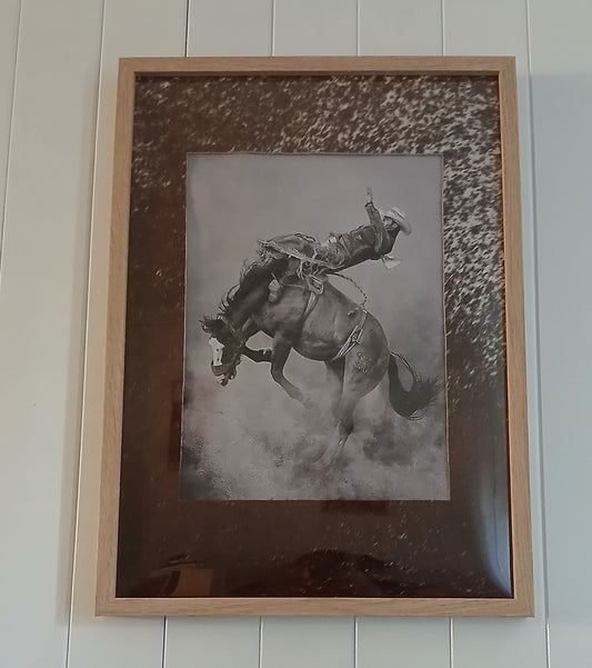 Bronc Rider A3 Print in A2 Cowhide Frame - Western Australian Art